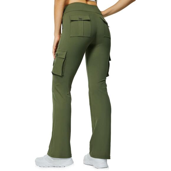 NWT Yoga Flare Leggings Women High Waisted Casual Pants Cargo 6 Pockets Green - Picture 2 of 14